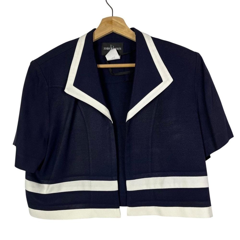 Vintage John Roberts Blue Cropped White‎ Trim Short Sleeve Blazer 14